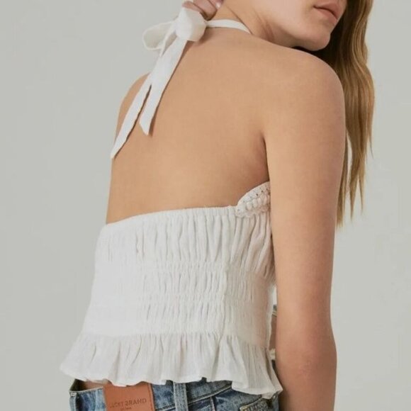 Lucky Brand White Cotton Crochet Collar Halter Neck Shirred Waist Peplum Top - Picture 3 of 13